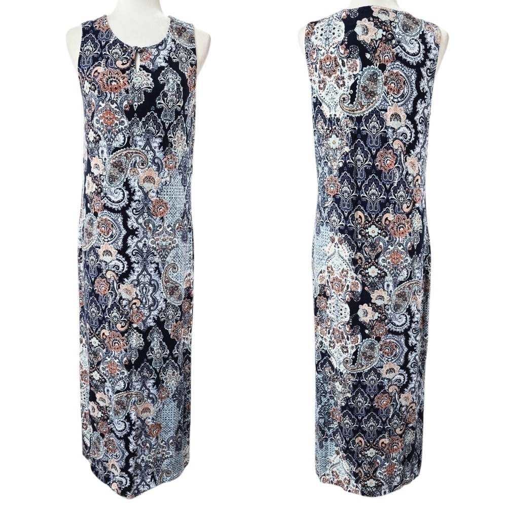 Chico's Moroccan Dreams Blue Floral Paisley Sleeveless Maxi Dress Boho NO BELT